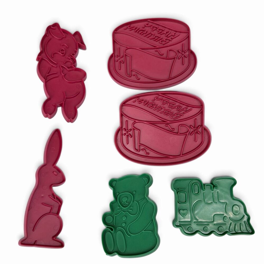 Vtg Plastic Cookie Cutters Lot 6 Birthday Easter Bunny Bear Pig Train Party Cake